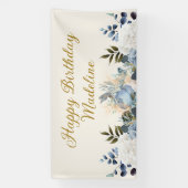 Banderoles Elégant bleu Dusty Floral Joyeux Anniversaire Nom (Verticale)