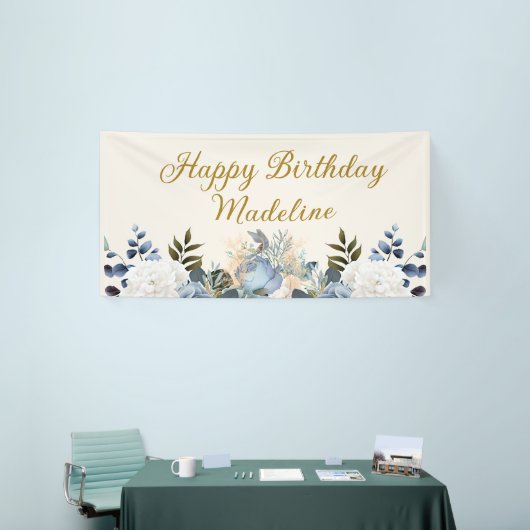 Banderoles Elégant bleu Dusty Floral Joyeux Anniversaire Nom (Salon professionnel)