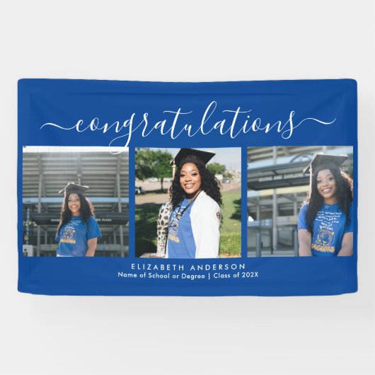 Banderoles Élégant Bleu et Blanc Script Graduation Photo (Horizontal)