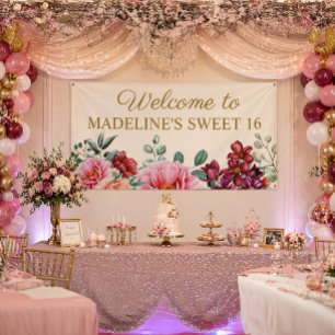 Banderoles Élégant Bourgogne Floral Roses Peonies Sweet 16 
