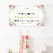Banderoles Élégant corail rose Floral Première sainte communi (En situation)