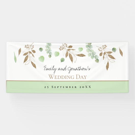 Banderoles Elégant Eucalyptus Green Gold Noms Date Mariage (Horizontal)