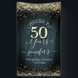 Banderoles Élégant Gold 50th Birthday Script<br><div class="desc">Jolie parties scintillant en faux or,  faits saillants sur la bordure supérieure et inférieure. Tout le texte est ajustable et facile à changer pour vos besoins de partie. Grand élégant design modèle 50e anniversaire. arrière - plan texturé en bois bleu.</div>
