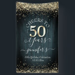 Banderoles Élégant Gold 50th Birthday Script<br><div class="desc">Jolie parties scintillant en faux or,  faits saillants sur la bordure supérieure et inférieure. Tout le texte est ajustable et facile à changer pour vos besoins de partie. Grand élégant design modèle 50e anniversaire. arrière - plan texturé en bois bleu.</div>