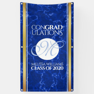 Banderoles Élégant Graduation Monogramme Bleu Marbre Or Huile