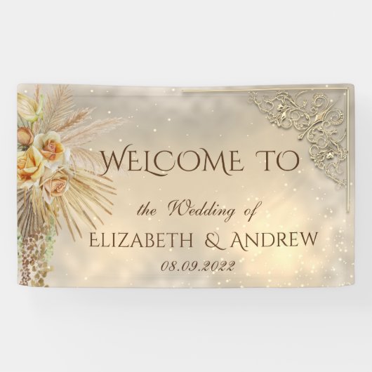 Banderoles Élégant Mariage Festive Gold Boho Flowers (Horizontal)