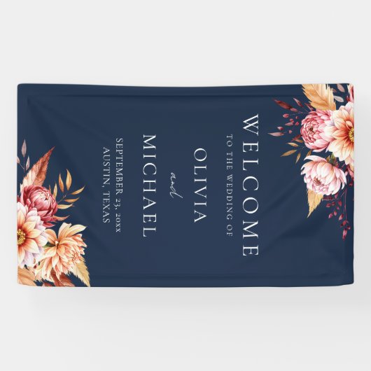 Banderoles Elégant Marine Bleu Boho Chic Floral Mariage Bienv (Horizontal)