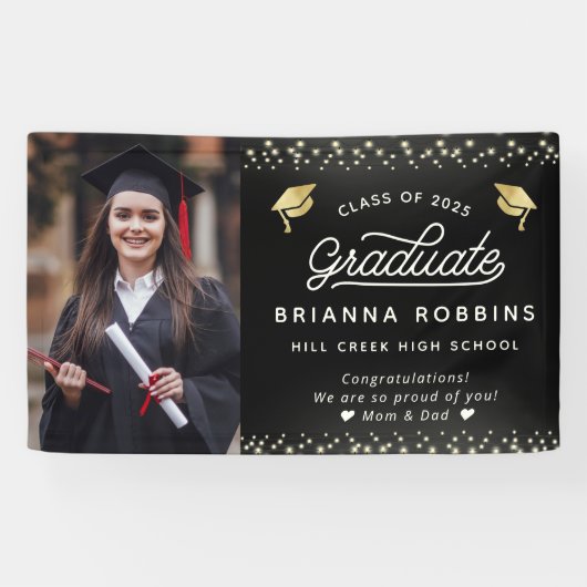 Banderoles Elegant moderne Script Gold Graduation Photo Black (Horizontal)