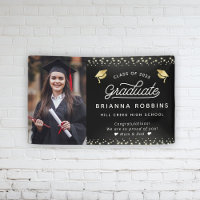 Elegant moderne Script Gold Graduation Photo Black