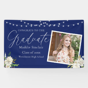 Banderoles Elégant Navy Blue Photo Floral Graduation