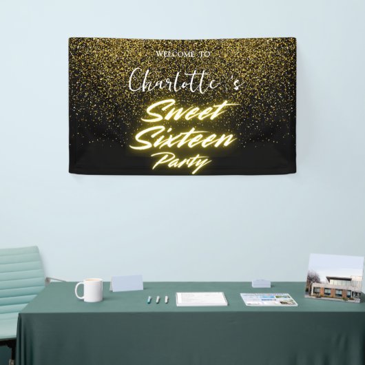 Banderoles Elégant néon or noir rétro Sweet 16e anniversaire (Salon professionnel)