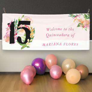 Banderoles Elégant Quinceanera Rose Pâle Floral Numéro 15