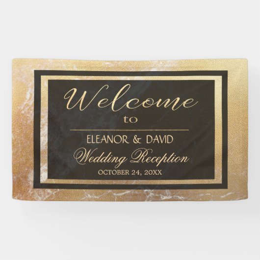 Banderoles Élégant script mariage en marbre noir or de luxe (Horizontal)