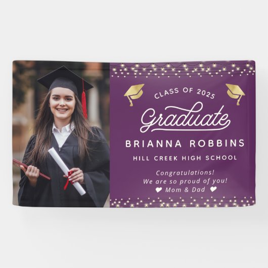 Banderoles Élégant Script moderne Gold Graduation Photo viole (Horizontal)