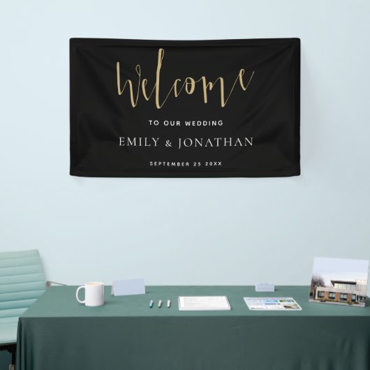 Banderoles Élégant Script Welcome Mariage Gold Black (Salon professionnel)
