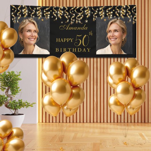 Banderoles Elégante Black & Gold Surprise Anniversaire Photo