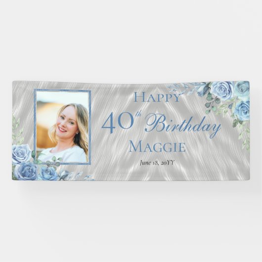 Banderoles Elégante Blue Rose Floral Frame 40e Anniversaire (Horizontal)