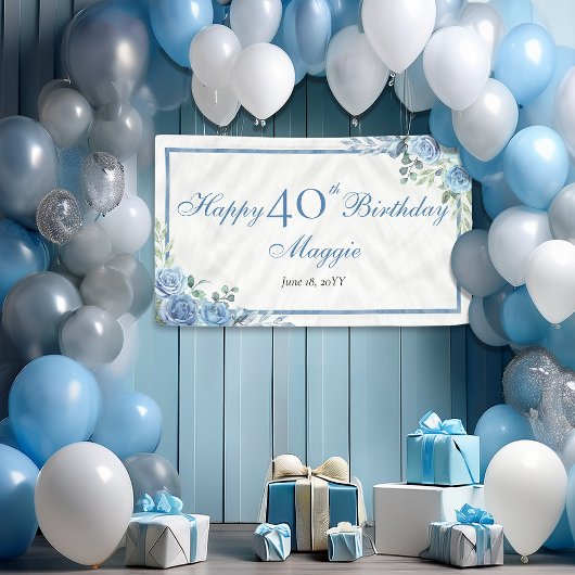 Banderoles Elégante Blue Rose Floral Frame 40e Anniversaire