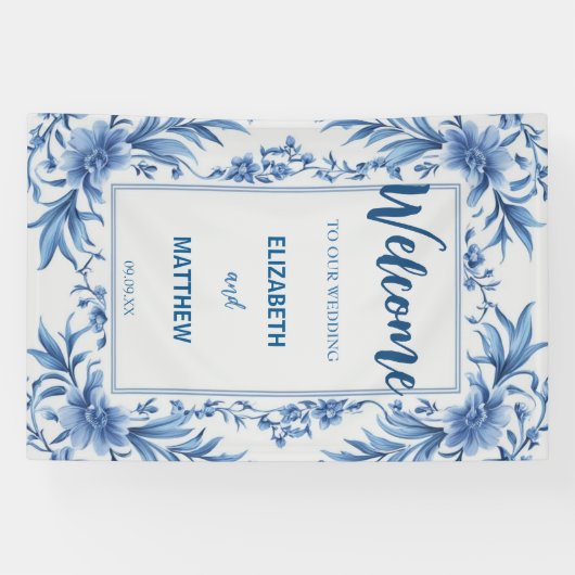 Banderoles Elégante Chinoiserie bleu et blanc Mariage antique (Horizontal)