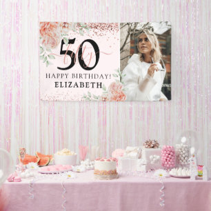 Banderoles Élégante Fleur Rose 50e Anniversaire Photo