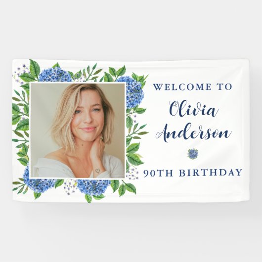 Banderoles Elégante Hydrangea Photo personnalisée 90e fête d' (Horizontal)