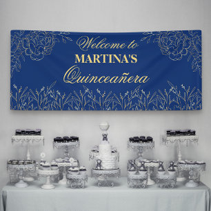 Banderoles Elégante Quinceanera Royal Blue Gold Floral Bienv
