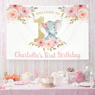 Banderoles Elephant 1er anniversaire un rose floral fond