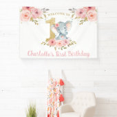 Banderoles Elephant 1er anniversaire un rose floral fond (Insitu)