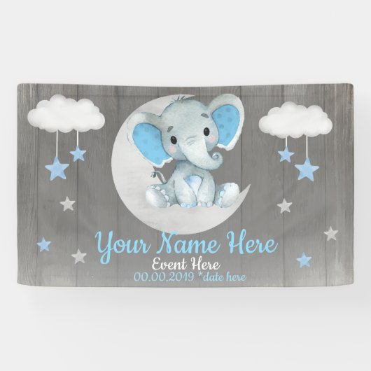 Banderoles Elephant Boy Backdrop Moon Stars Blue Name (Horizontal)