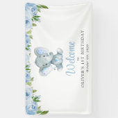 Banderoles Eléphant, Fleurs Bleues, Bienvenue pour le premier (Vertical)