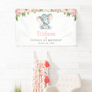 Banderoles Eléphant, Fleurs Roses, Accueil Premier Anniversai