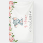 Banderoles Eléphant, Fleurs Roses, Accueil Premier Anniversai (Vertical)