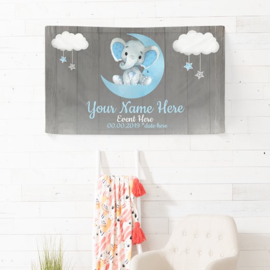 Banderoles Elephant Garçon arrière-plan Lune Étoiles bleu Nom (En situation)
