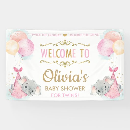 Banderoles Eléphant Jumeaux Filles Baby shower fond (Horizontal)