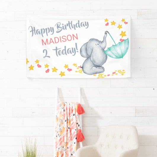 Banderoles Eléphant mignon avec parapluie filles fête d'anniv (En situation)