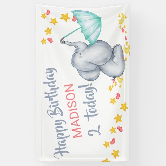 Banderoles Eléphant mignon avec parapluie filles fête d'anniv (Vertical)