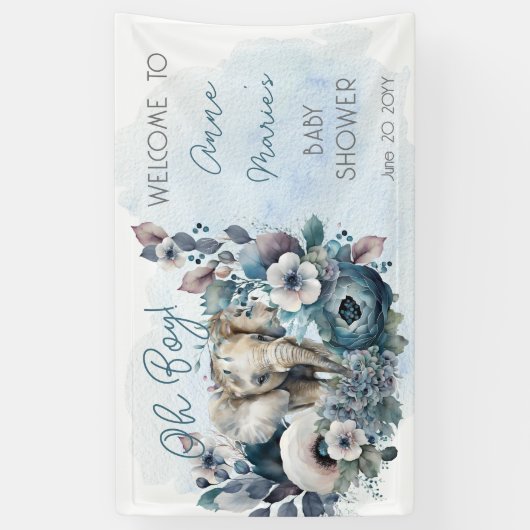 Banderoles Elephant Oh garçon Baby shower Floral bleu (Vertical)