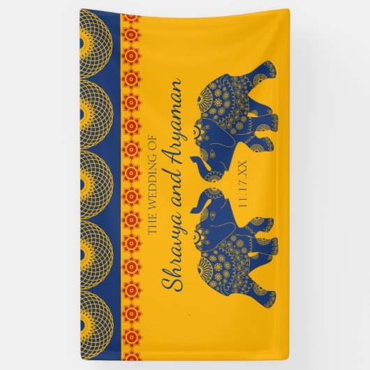 Banderoles Eléphants à thème indiens en Mariage bleu royal (Vertical)