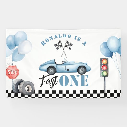 Banderoles Fast One Blue voiture de course Boy 1er anniversai (Horizontal)