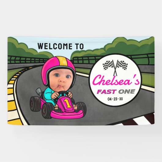 Banderoles Fast ONE | Pink Race Car Driver Welcome Birthday (Horizontal)