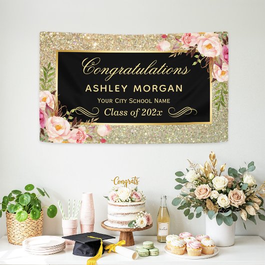 Banderoles Faux Gold Glitter Pink Floral Graduation Party