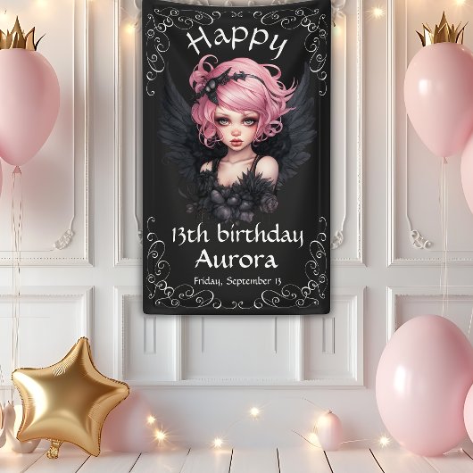 Banderoles Fée Goth Noir Et Rose 13e Joyeux Anniversaire