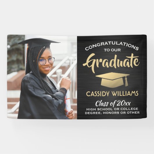Banderoles Félicitations 1 Photo Brossée Noir et Or Graduatio (Horizontal)