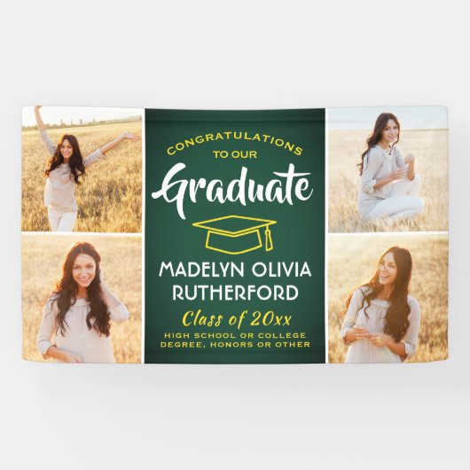 Banderoles Félicitations 4 Photo Green Gold Yellow Graduation (Horizontal)