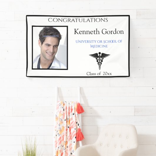 Banderoles Félicitations diplômé Caducée Noir Blanc (En situation)