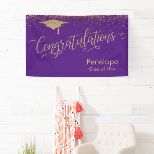 Banderoles Félicitations Gold Confetti Graduation Purple (En situation)
