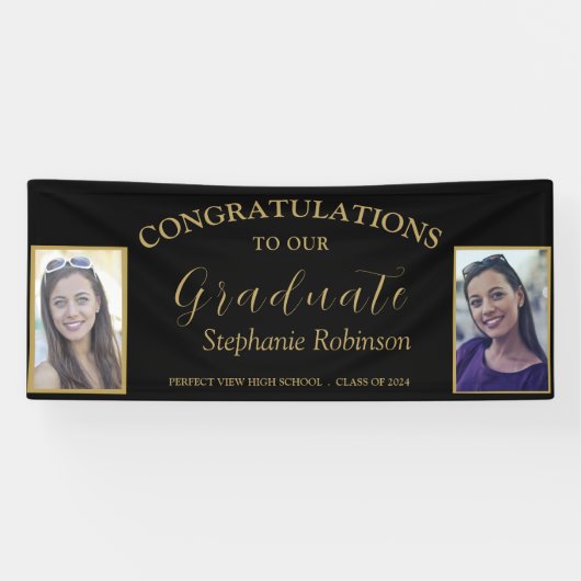 Banderoles Félicitations Gold Script 2 Photo Graduation (Horizontal)