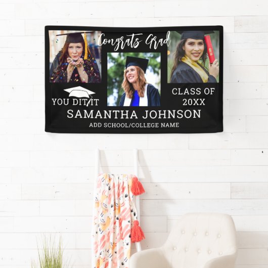 Banderoles Félicitations Grad 2025 Graduation Cap 3 Photo Noi (En situation)