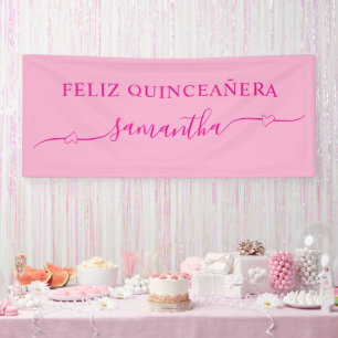 Banderoles Feliz Quinceañera Cœur Débordant Rose Chaud Nom