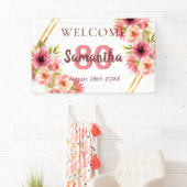 Banderoles Fête 80e anniversaire rose or fleurs blanc (En situation)